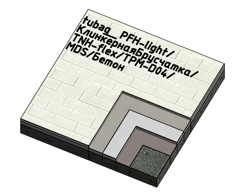 Покрытие клинкерной брусчаткой: PFH-light, клинкерная брусчатка, TNH-flex, TPM-D04, MDS, бетон